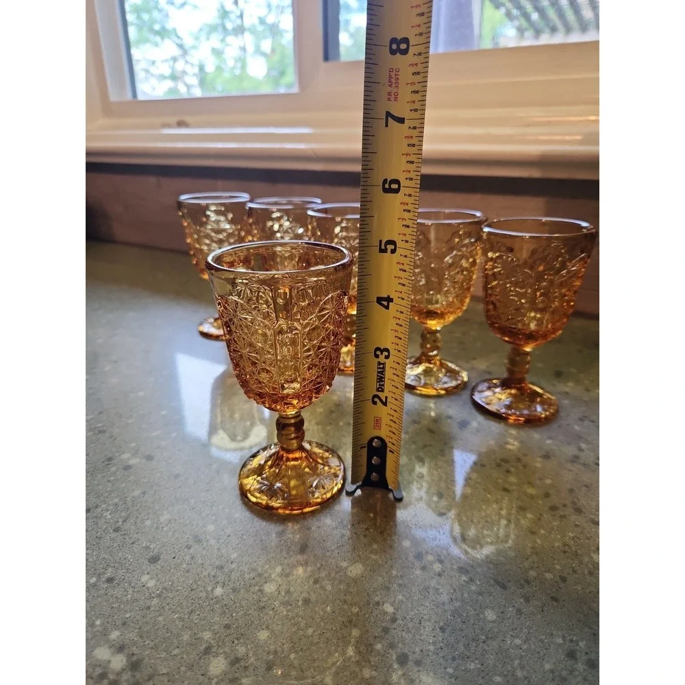 L.G. Wright Amber Daisy & Button Cordial Wine Glass Goblet Set of 6